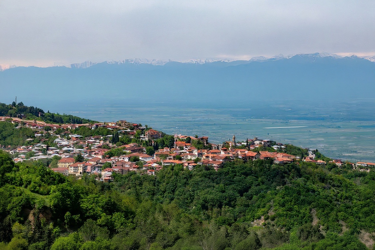 Sighnaghi from the eastern wall — the Alazani Valley and the Greater Caucasus behind it