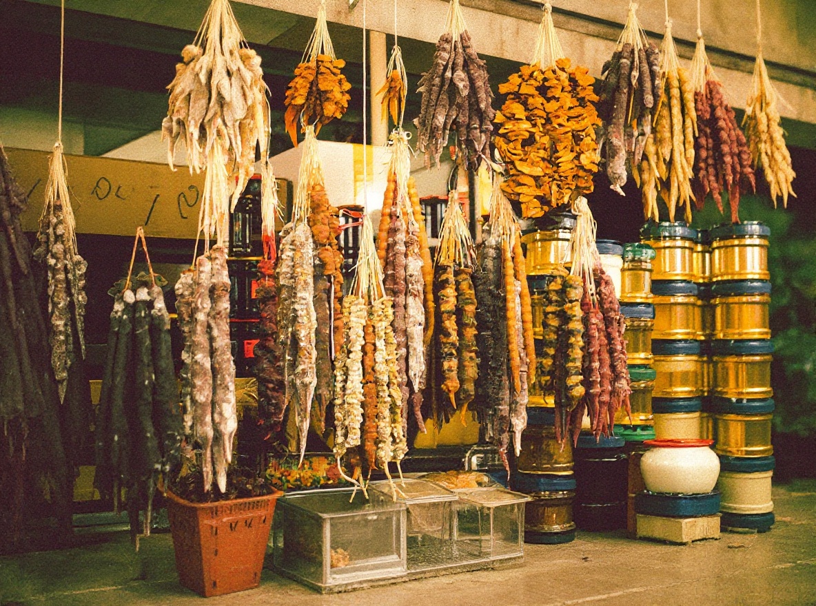 Churchkhela drying at a Kakheti market stall — fresh grape-and-walnut strings, not the supermarket versions